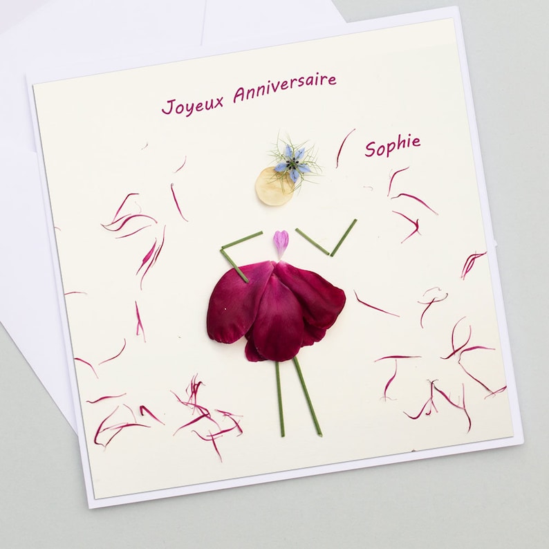 Carte anniversaire pétale de fleur de pivoine, impression de fleur, carte anniversaire personnalisable, prénom et âge, image 1