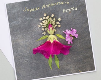 Personalized flower girl birthday card, flower petals, hollyhock, first name card, flower photo, printing card,