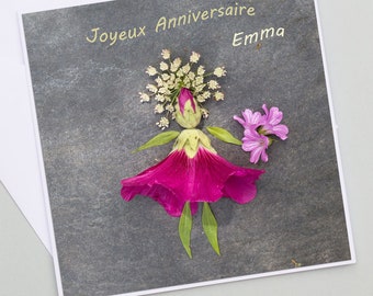 Personalized flower girl birthday card, flower petals, hollyhock, first name card, flower photo, printed card,