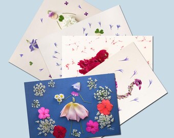 5 cartes postales fleurs sechees,  fille, couple et oiseaux avec des pétales de fleurs, lot de 5 cartes postales fleurs, flower postcards,