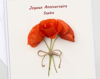 Carte personnalisée  anniversaire bouquet de fleurs, coquelicots, photo pétales de fleurs, bouquet de coquelicot, personnelle,