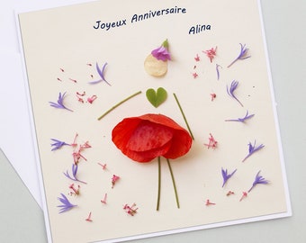 Carte anniversaire personnalisée, PHOTO fleur de coquelicot, prénom, fille et fleur séchée, anniversaire personnalisable, jolie carte,