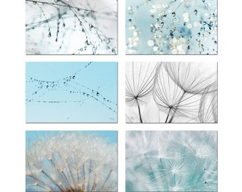 Ensemble de 6 photographies  pissenlit, gouttes bleu turquoise et gris, 10x 15 cm ,  photographie nature macro, decor zen,