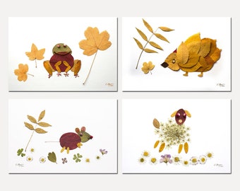 4 cartes postales petits animaux de feuilles, land-art feuilles animaux, souris,  herisson, grenouille et mouton en feuilles, enfant,