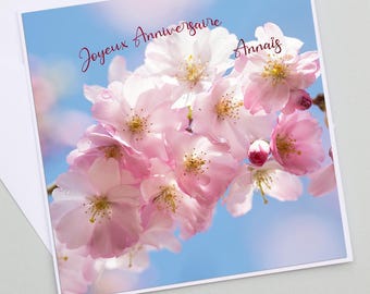 Carte anniversaire cerisier Japonais, Sakura, carte personnalisable, Flower Postcard, carte personnalisable, anniversaire,