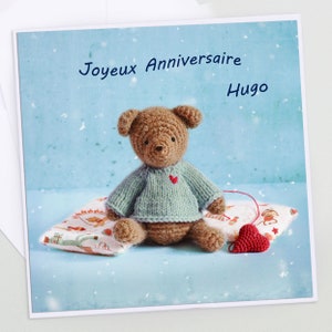 Carte anniversaire prenom, carte anniversaire enfant personnalisable, personnalisée photo petit ours doudou, jolie carte anniversaire, image 1