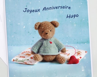 Carte anniversaire prenom, carte anniversaire enfant personnalisable, personnalisée photo petit ours doudou, jolie carte anniversaire,