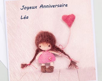 Personalized birthday card for girls with photo of wool doll, little pink heart, greeting card for little girl, greeting card for children,