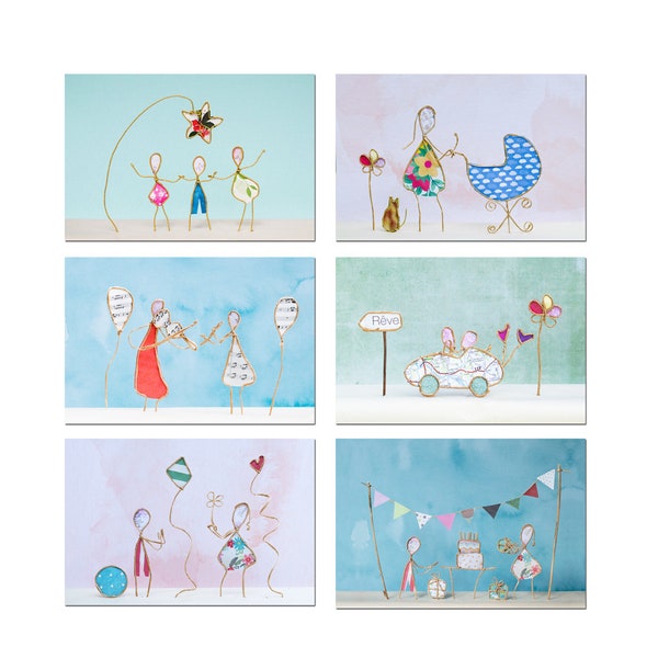 6 petites photos personnages en ficelle kraft et papier de couleur, decoration murale chambre, figurines en papier photo,