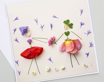 Card two girls photo of flowers, dry flower printing, girls in flower petals, friendship card sisters, girls, twins,