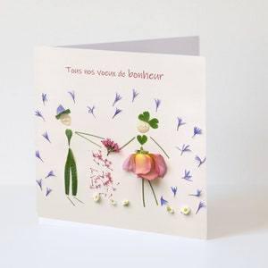 Wedding card wishes of happiness, PRINTED CARD with a photo of a couple in love in flower petals and leaves from the garden, image 7