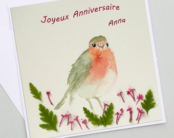 Photo birthday card of robin and leaves and dry flower, customizable birthday card, first name and age, happy birthday,