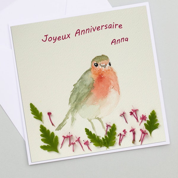 Carte anniversaire photo rouge-gorge et feuilles et fleur seche, carte anniversaire personnalisable,  prenom et age, joyeux anniversaire,