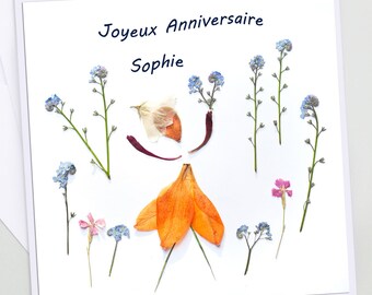 Personalized birthday card, first name, dried flower, girl and dried flower, PHOTO of dry flowers, no real flower petals,