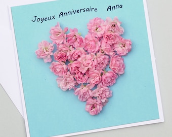 Carte anniversaire ou autre message coeur en roses en PHOTO, carte mesage personnalisable,  prenom,