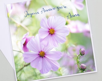 Cosmos flower photo birthday card, customizable birthday card, first name, happy birthday, blue flowers, pink flower,