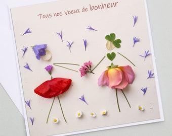 Carte mariage voeux de bonheur filles, fleur seche, filles en pétales de fleur et feuilles du jardin, carte mariage lesbiennes