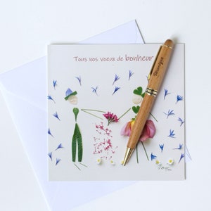 Wedding card wishes of happiness, PRINTED CARD with a photo of a couple in love in flower petals and leaves from the garden, image 6