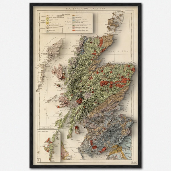 Scotland 1900 Geological Relief Map, map art print, historical map, vintage