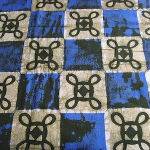 May include: A fabric with a checkered pattern in shades of blue and white. The fabric features a repeating design of a stylized knot in black.