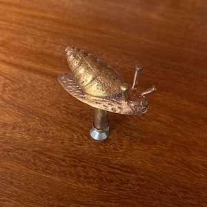 Può includere: Una maniglia per porta a forma di lumaca dipinta d'oro con finitura in rame. La maniglia è montata su una base in metallo argentato.