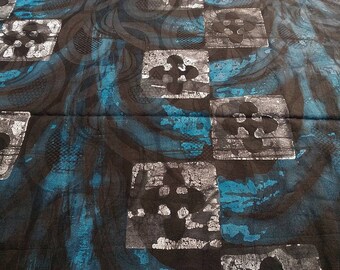 Batik bazin au mètre - noir, turquoise, blanc - motifs  Akoma Ntoaso - bkbz74