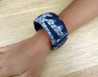 African Batik Fabric Bracelet - Black, White - brawaxl10