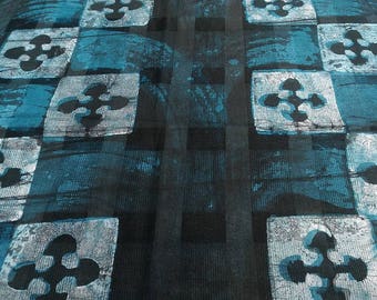 Tissu batik au mètre - turquoise, noir - voile - motifs Akoma Ntoaso- bkvl38