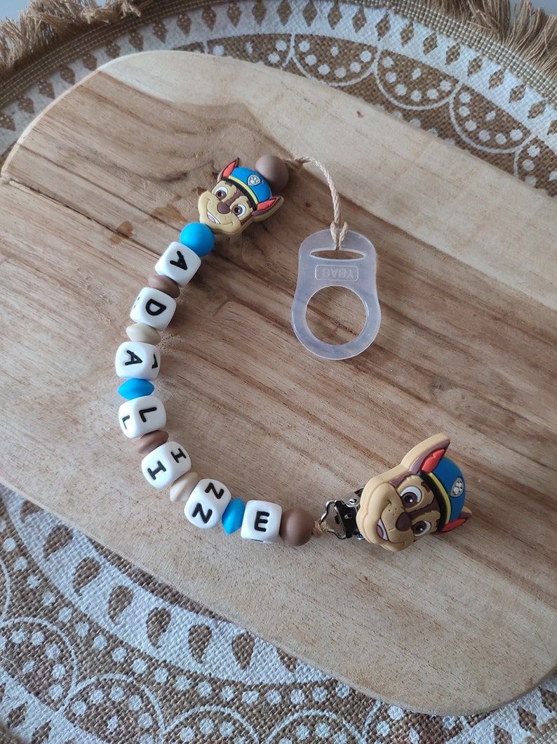 Clip para chupete de patrulla canina 100% silicona regalo personalizado para niños clip para chupete de bebé con nombre creaciones para bebés imagen 1