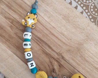 100% fox silicone pacifier clip - personalized pacifier clip with first name - mustard yellow duck blue and dark gray - gift