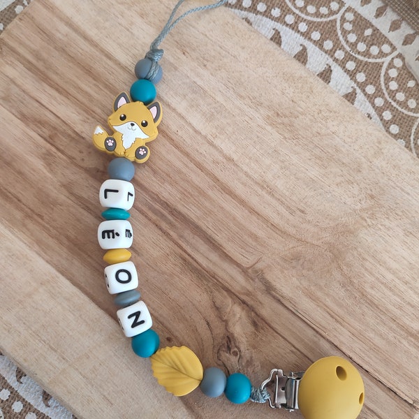 100% fox silicone pacifier clip - personalized pacifier clip with first name - mustard yellow duck blue and dark gray - gift