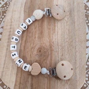 Attache tétine personnalisé coeur beige et marbre blanc anneau hochet oiseau attache sucette personnalisée silicone et bois prénom attache doudou