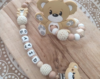 Personalized bear pacifier clip - personalized silicone and wood pacifier clip - birth gift - personalized boy girl creation