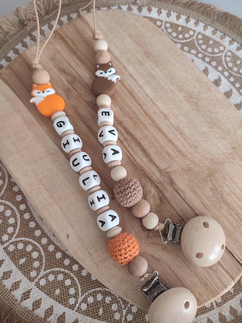 Personalized fox pacifier clip customizable silicone and wood first name pacifier clip birth gift personalized creation image 4