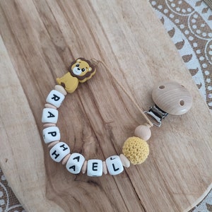 Beige light brown and wood lion silicone pacifier clip personalized silicone and wood lion pacifier clip silicone rattle ring image 2