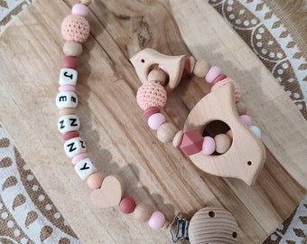 Personalized wooden pacifier clip - customizable silicone pacifier clip - powder pink terracota peach pink and wood