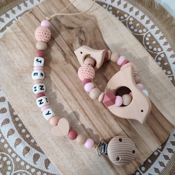 Personalized wooden pacifier clip - customizable silicone pacifier clip - powder pink terracota peach pink and wood