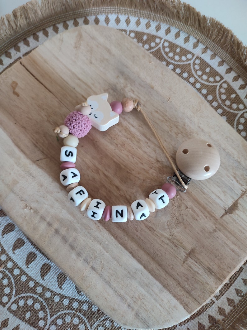 Personalized silicone fox pacifier clip personalized creations for children silicone and natural wood awakening rattle Christmas rose blush