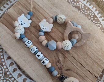 Personalized silicone fox pacifier clip - personalized creations for children - silicone and natural wood awakening rattle - Christmas