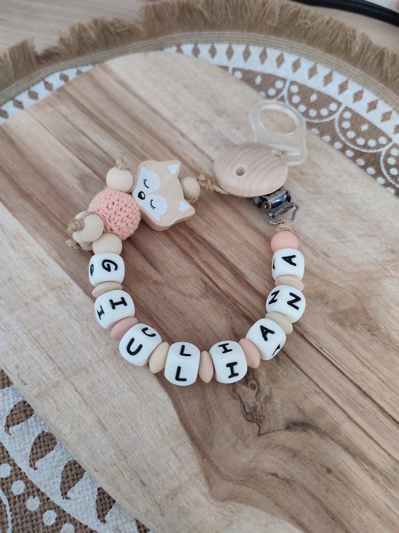 Personalized silicone fox pacifier clip personalized creations for children silicone and natural wood awakening rattle Christmas rose pêche - photo