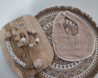 Birth box: bib with pacifier attachment and wooden and silicone rattle - personalized birth gift