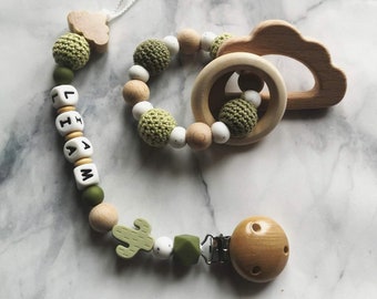 Personalisierter Kaktus- und Wolkenaufsatz aus Silikon aus Holz - Rassel mit Wolkenerweckungsring - Geburtsgeschenk - handgefertigte Babyaccessoires