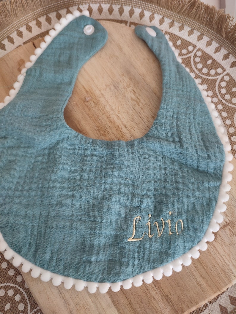 Bib in double cotton gauze personalized with the first name embroidered in the color of your choice future parents birth gift image 4