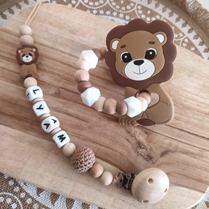 Attache sucette silicone lion beige marron clair et bois attache tétine personnalisée en silicone et bois lion anneau hochet silicone zdjęcie 1