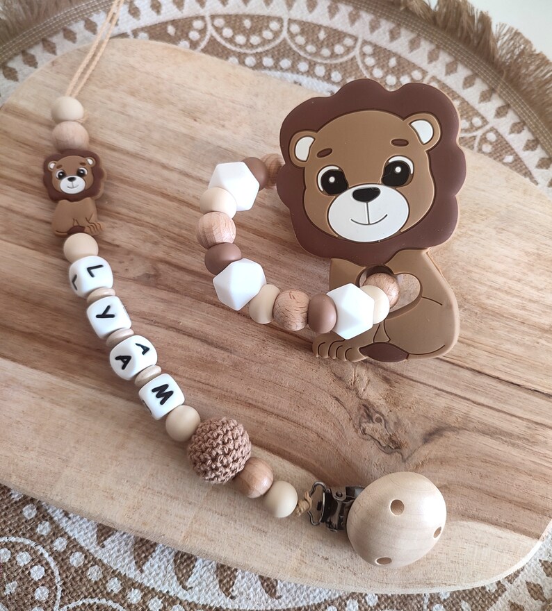 Beige light brown and wood lion silicone pacifier clip personalized silicone and wood lion pacifier clip silicone rattle ring image 1