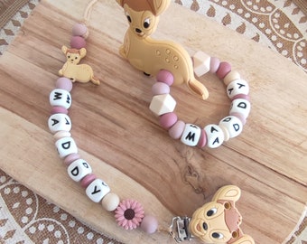 Clip de chupete personalizado de Bambi Disney 100% gama de silicona - Sonajero de silicona Bambi - rosa beige claro rosa rubor - Regalo de nacimiento de Navidad -