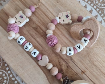 Wooden doe and heart silicone pacifier clip - personalized pacifier clip with first name - birth gift - rattle ring