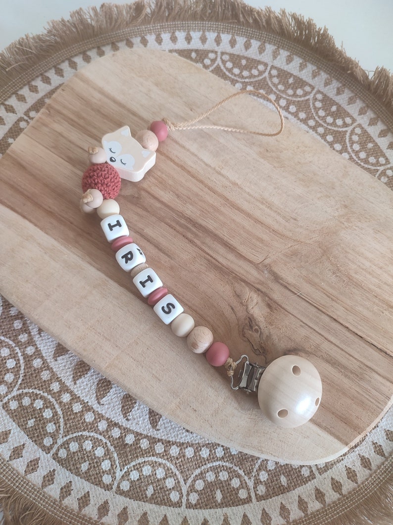 Personalized silicone fox pacifier clip personalized creations for children silicone and natural wood awakening rattle Christmas terracota