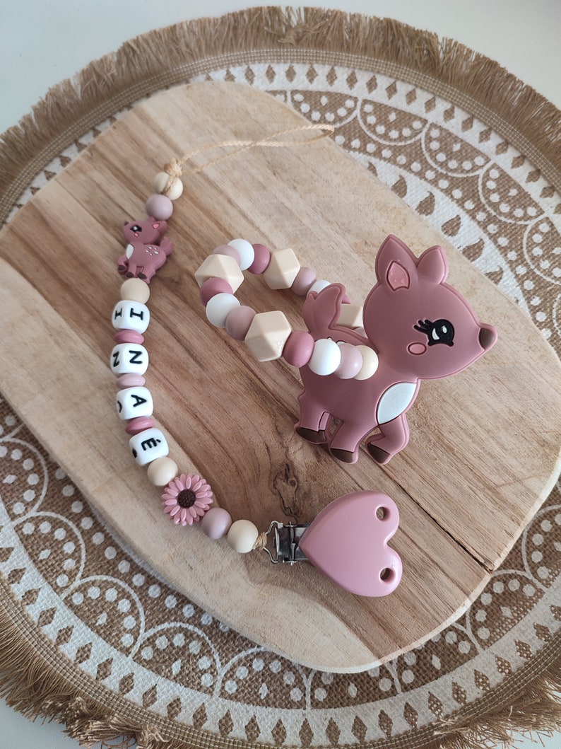 Personalized 100% silicone doe pacifier clip customizable pacifier clip natural wood silicone rattle with wooden ring image 1