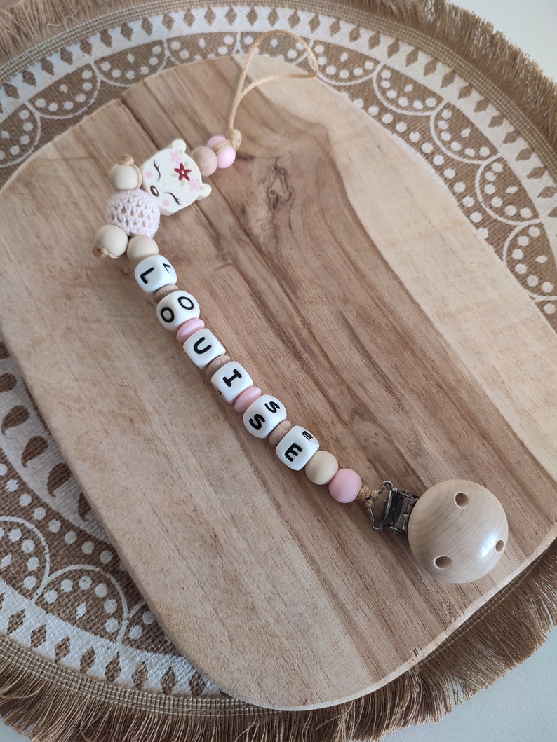 Doe wood silicone pacifier clip personalized pacifier clip with first name birth gift rattle ring with or without first name image 4